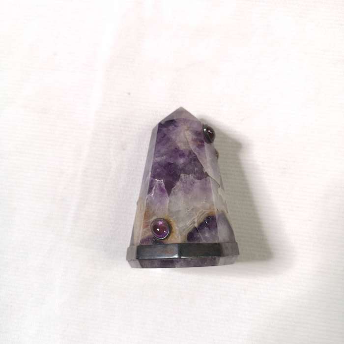 Natural Amethyst Tower Point Obelisk decorated with other cabochon cut stones and silver band