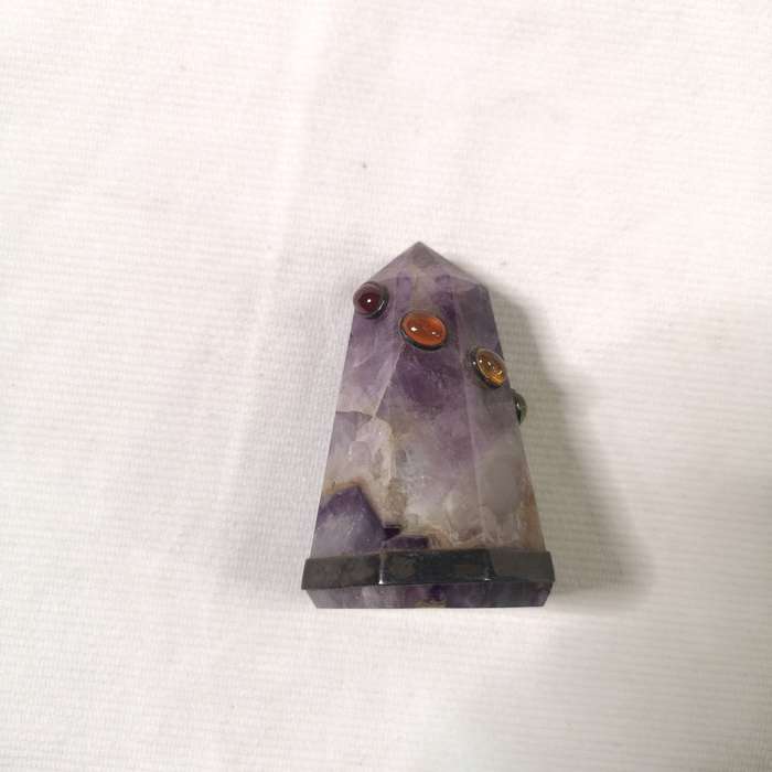 Natural Amethyst Tower Point Obelisk decorated with other cabochon cut stones and silver band