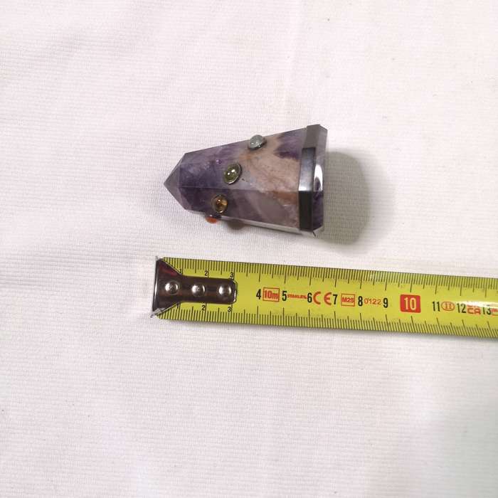 Natural Amethyst Tower Point Obelisk decorated with other cabochon cut stones and silver band