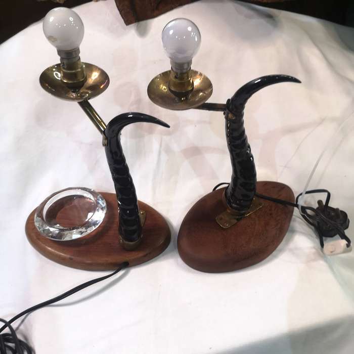 Curved Horn, Brass & Wood Bedside Table Lamp set with Cut Crystal Trinket Dish- Vintage