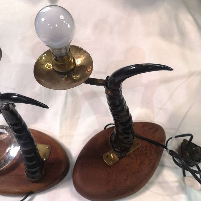 Curved Horn, Brass & Wood Bedside Table Lamp set with Cut Crystal Trinket Dish- Vintage
