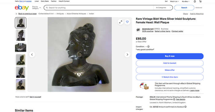 Vintage INDIAN Bidri Metal Sculptual Figure / Wall Hanging of a Lady. With Decorative Silver Inlays