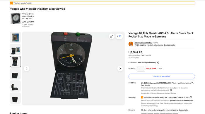 Vintage BRAUN Quartz AB314 SL Travel Alarm Clock Black Pocket Size Made In Germany