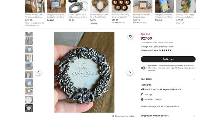 Vintage mini pewter round frame- The Fine Art of Living
