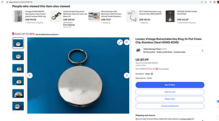 Lockey Vintage Retractable Key Ring 20" Pull Chain Clip Stainless Steel HONG KONG