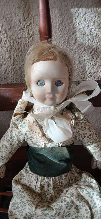Vintage 1930s40s Doll  47cm, Blue Glass Eyes, Original Dress & Bonnet