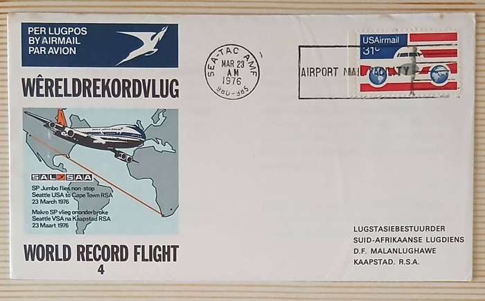 SAA World Record First Day Cover  Seattle to Cape Town | 23 March 1976