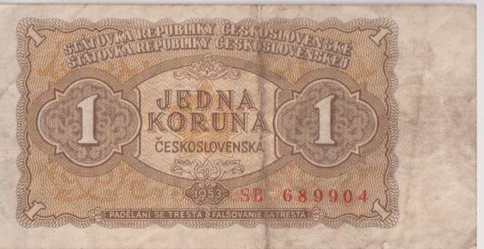 CZECHOSLOVAKIA 1 KORUNA 1953 P78 VF