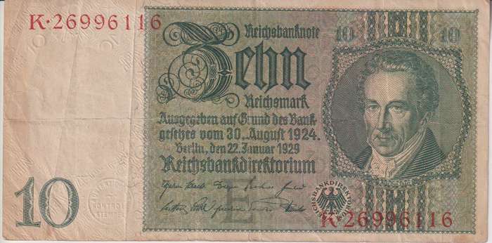 Germany, 10 Mark, Reichbanknote 1929 P180a VF