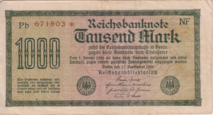 Germany 1000 Mark 1922, P-76  RED SERIAL NUMBER