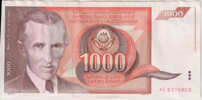 YUGOSLAVIA 1000 DINARA 1990 P107 XF - NICOLA TESLA