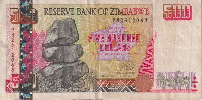 ZIMBABWE $500 - 500 DOLLAR - 2001 - ZIMBABWE BIRD WATERMARK - P10 VF