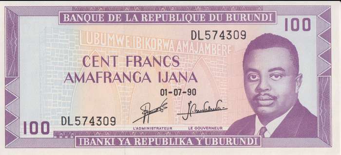 BURUNDI 100 FRANCS 1990 P29  UNC