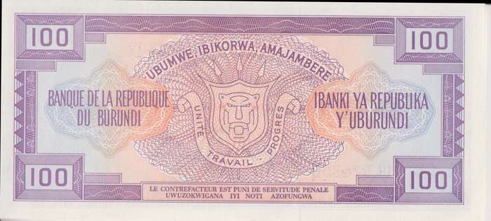 BURUNDI 100 FRANCS 1990 P29  UNC