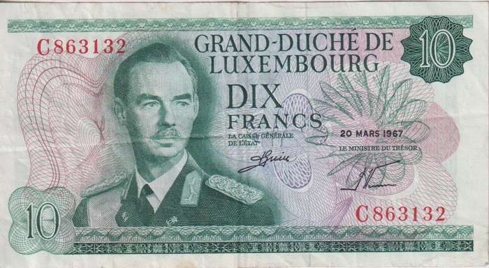 LUXEMBOURG 10 FRANCS 1967 P53  VF