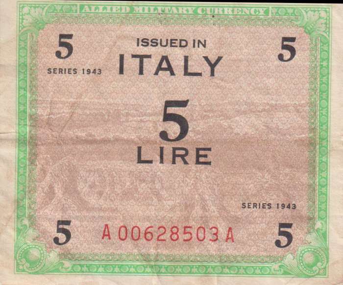 ITALY 5 LIRE 1943 PM#12 VF (ALLIED MILITARY WW2)