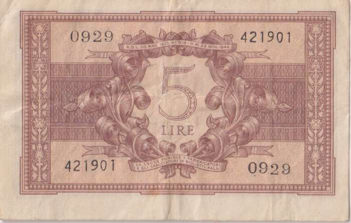 Italy 5 Lire, 1944 P31 VF
