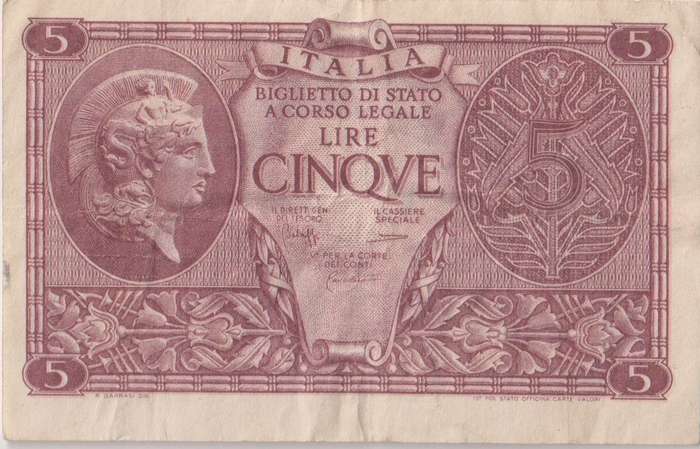 Italy 5 Lire, 1944 P31 VF