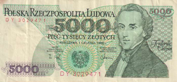 POLAND 5000 ZLOTYCH 1988 P150 VF