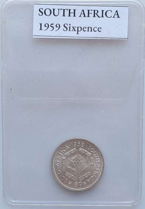 UNION OF SOUTH AFRICA  1959 Sixpence S196 UNC  Silver0.500. Copper0.500