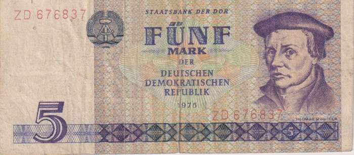 GERMAN DEMOCRATIC REPUBLIC (DDR) 5 MARK 1975 P27  F