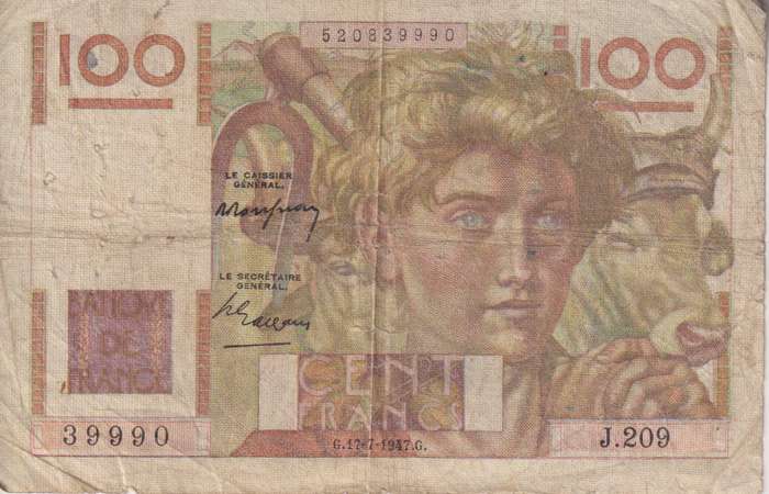 FRANCE 100 FRANCS 1948 P128b F (pin holes)