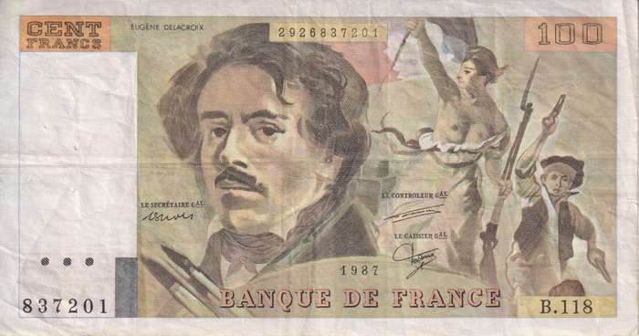 FRANCE 100 FRANCS Delacroix 1987 P154 VF (pin holes)