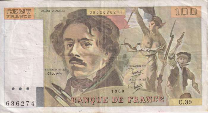 FRANCE 100 FRANCS Delacroix 1988 P154 VF (pin holes)