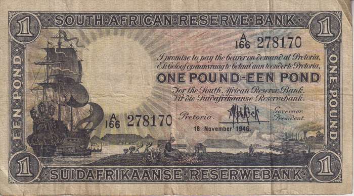 UNION OF SOUTH AFRICA - 1 POND M.H. de Kock A/166 1946 #107 7F