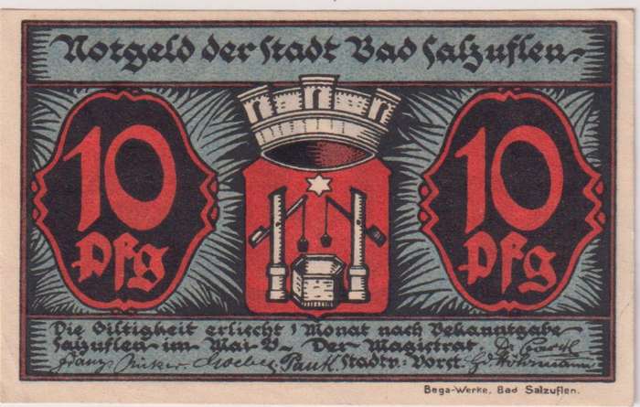 Germany NOTGELD (EMERGENCY MONEY - NOOD GELD) Bad Salzuffen 10 Phennig 1920