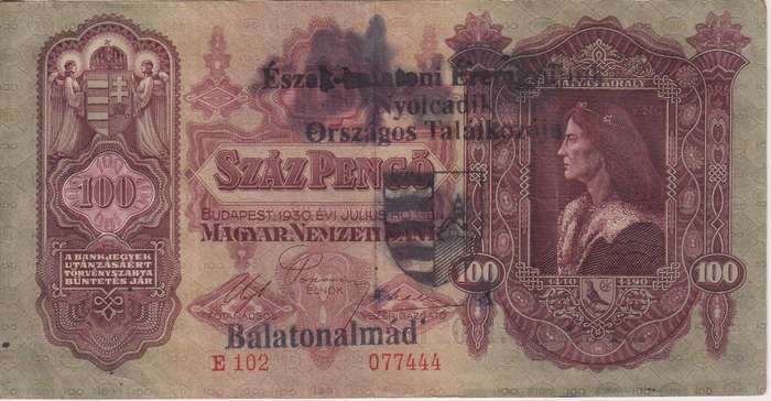 HUNGARY 100 PENGO 1930 P98 VF with Overprint