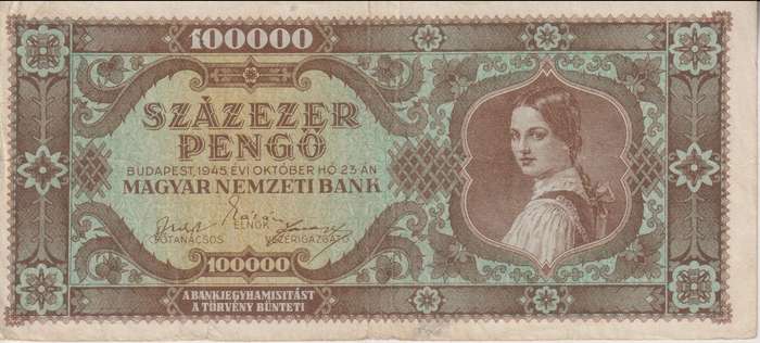 WW2 - HUNGARY 100,000 PENGO  1945 P121  VF