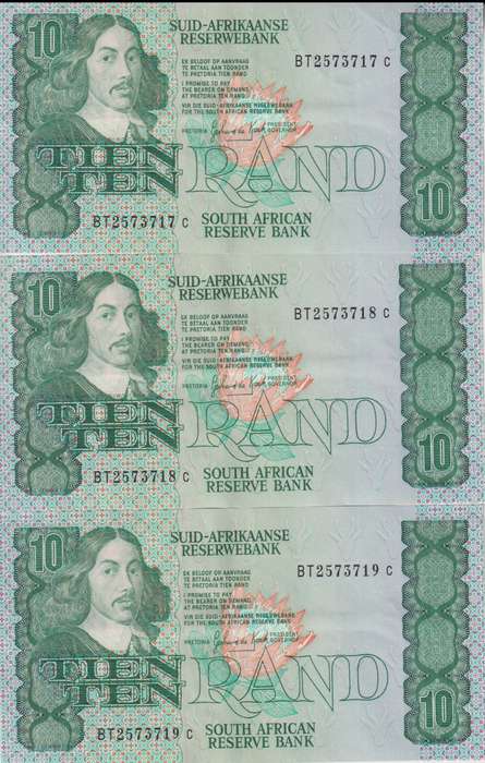 REPUBLIC OF SOUTH AFRICA - 10 RAND X 3 sequential# G.P.C.de Kock BT 1985 A/E 542 XF
