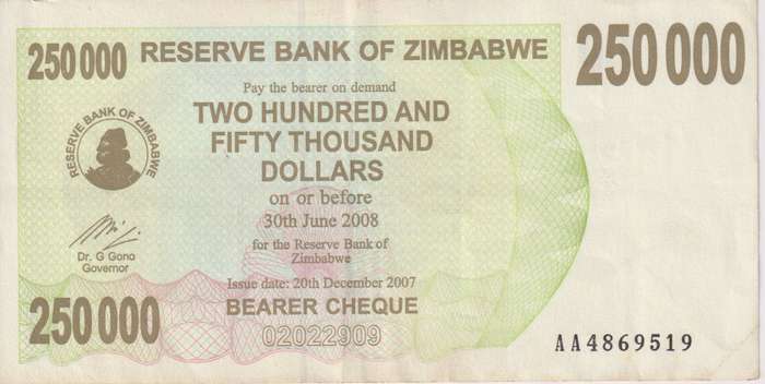 Zimbabwe 250,000 Dollars BEARER`S CHEQUE 2008 P50 VF