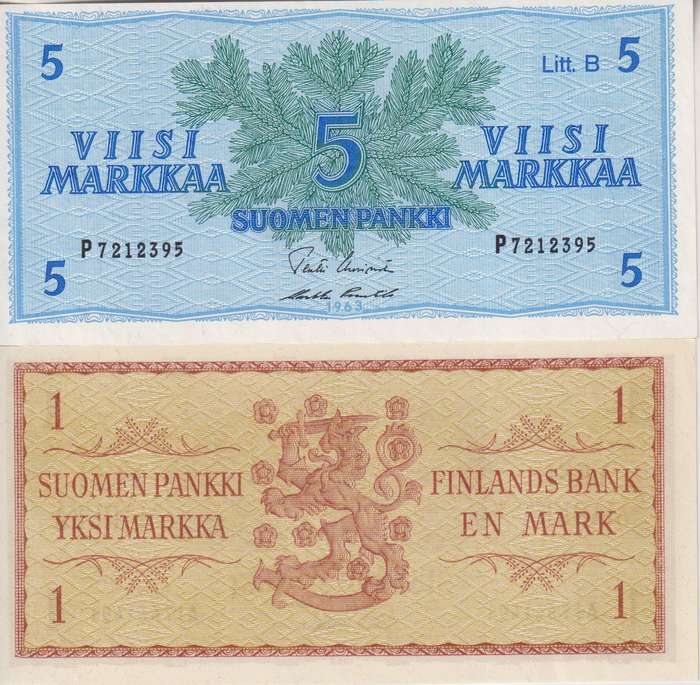 2 X FINLAND 1 & 5 MARKKAA 1963  P98, P99a UNC