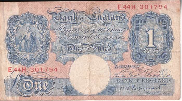 WW2 - Bank of England Great Britain 1 Pound EMERGENCY WARTIME ISSUE 1940-48 P367 VF