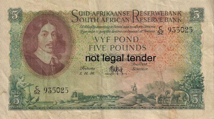 UNION OF SOUTH AFRICA - 5 POUNDS MH DE KOCK 2ND ISSUE 1956 C/52  #195 VF