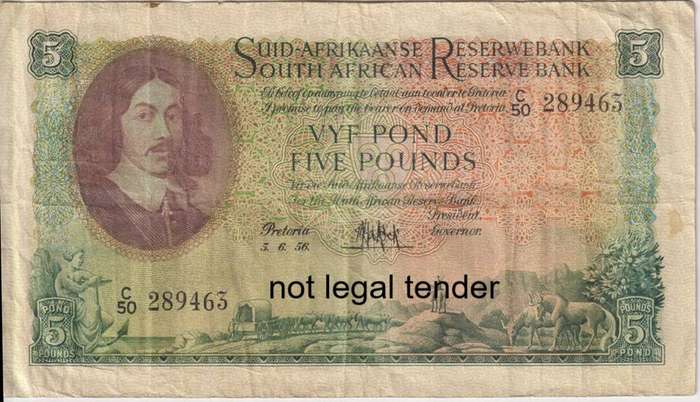 UNION OF SOUTH AFRICA - 5 POUNDS MH DE KOCK 2ND ISSUE 1956 C/50  #194 VF