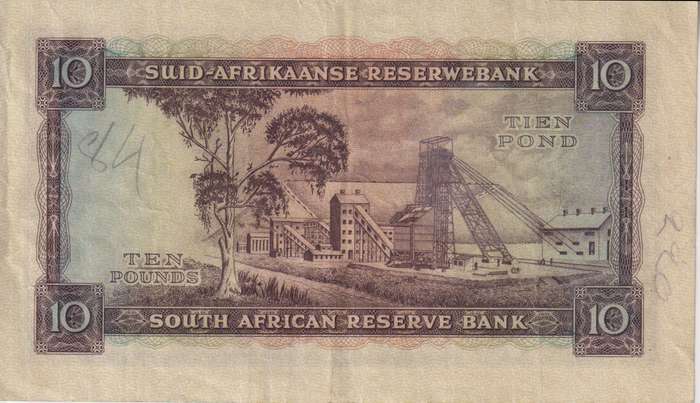UNION OF SOUTH AFRICA - 10 POUNDS MH DE KOCK 1955 3RD ISSUE D/2  #208 VF