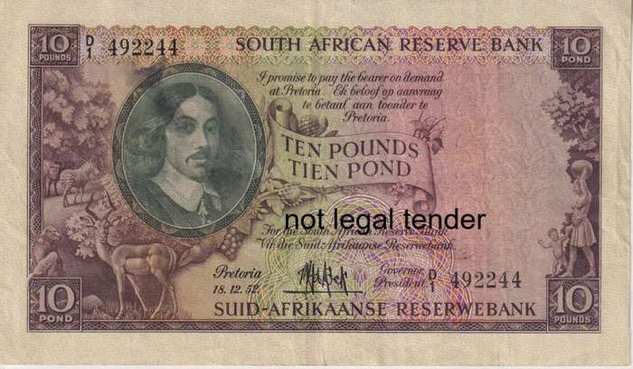UNION OF SOUTH AFRICA - 10 POUNDS MH DE KOCK 1955 3RD ISSUE D/2  #208 VF