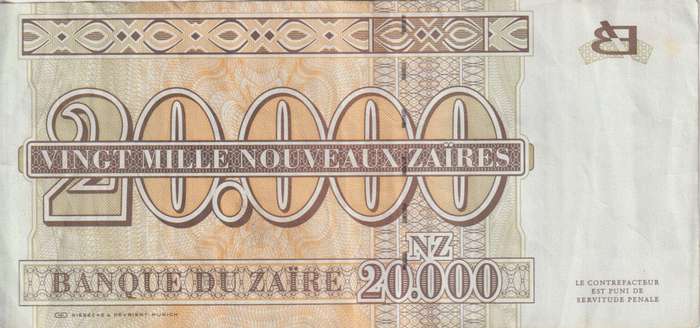 Zaire 20,000 Nouveau Zaires 1996 P72 VF