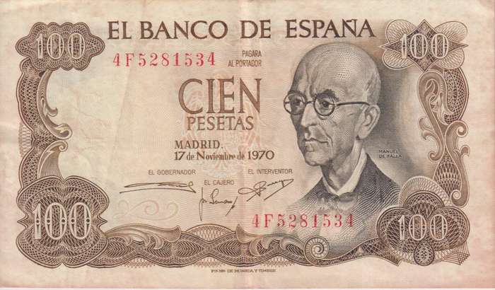 SPAIN 100 PESETAS 1970 P152 VF