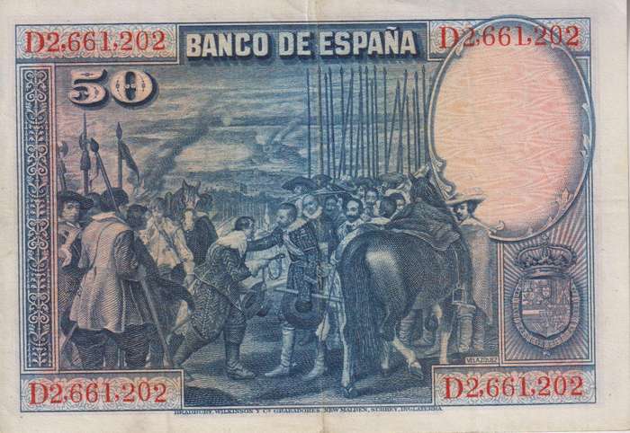 SPAIN 50 PESETAS 1928 P175 VF-XF