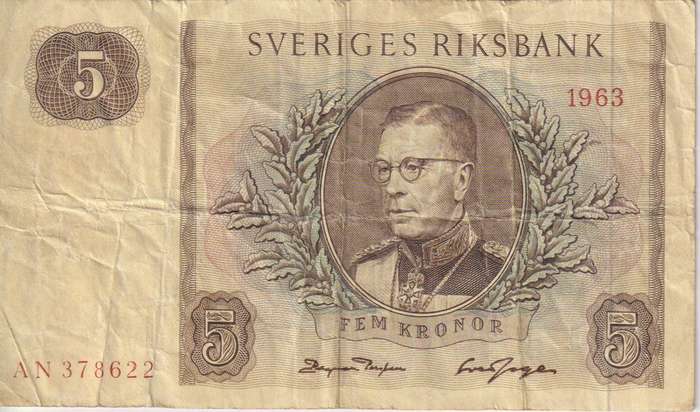 SWEDEN 5 KRONER 1963 P50  F