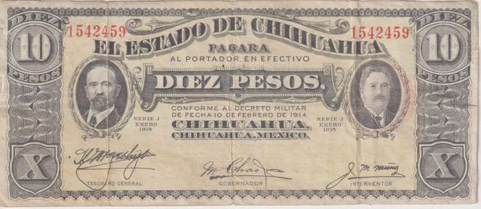 MEXICO - STATE OF CHIHUAHUA - 10 PESOS 1915 PS534  VF