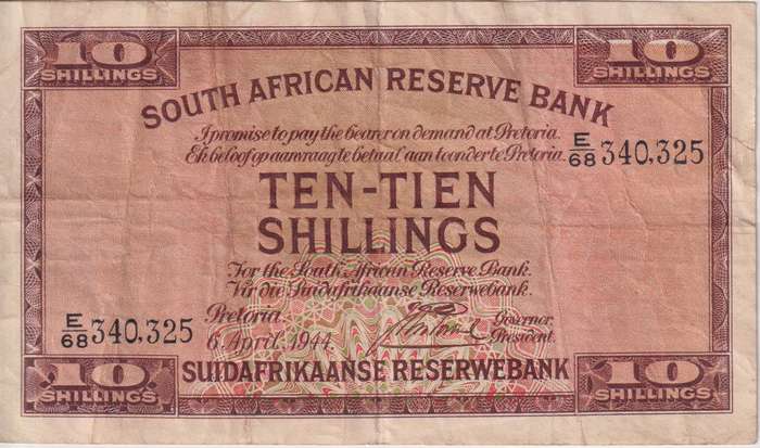 UNION OF SOUTH AFRICA - 10 SHILLINGS J POSTMUS 1944 E/68  #30 VF