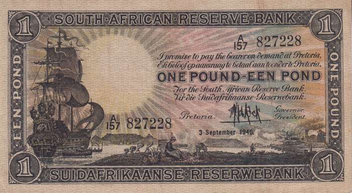 UNION OF SOUTH AFRICA - 1 POUND MH DE KOCK 1946 A/157  #106 VF
