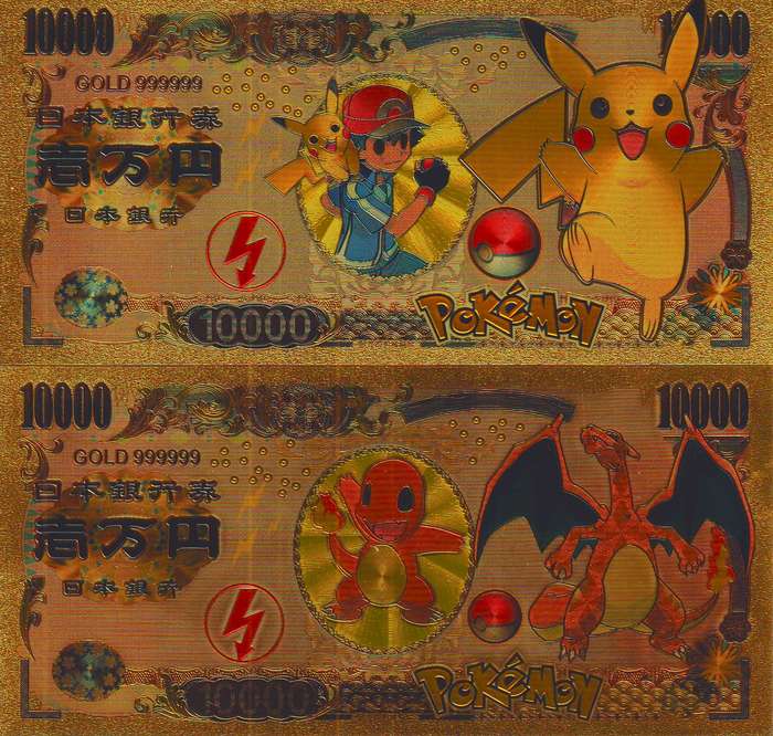 POKEMON GOLD PLATED NOVELTY BANKNOTE Set of 10 - Japan Anime  - BEAUTIFUL GIFT