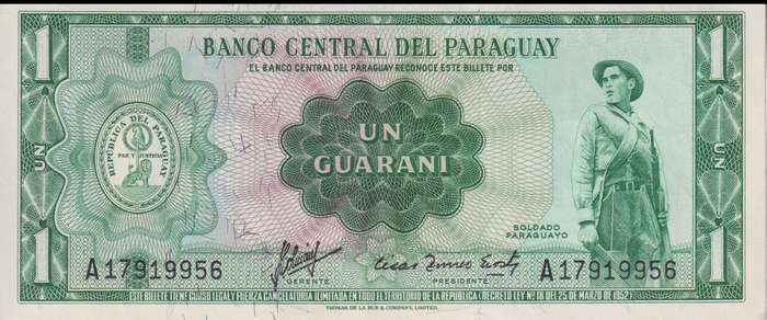 PARAGUAY 1 GUARANI 1977 (1952) WITH BLACK OVERPRINT P193a SC A-UNC