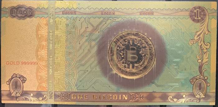 BITCOIN Gold Plated Souvenir COIN & Gold Foil Banknote combo - BEAUTIFUL GIFT - See 5 pictures